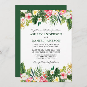 Watercolor Tropical Floral Wedding Green Invitation