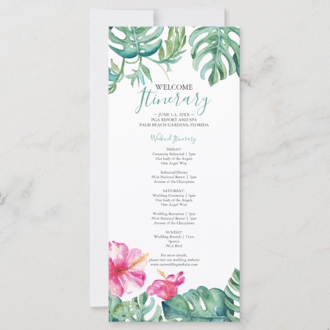 Watercolor Tropical Floral Wedding Itinerary (Front)