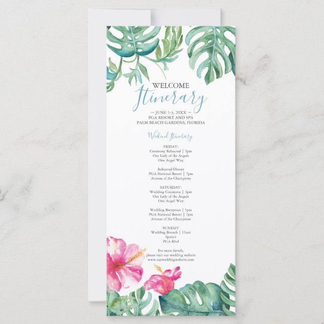 Watercolor Tropical Floral Wedding Itinerary (Front)