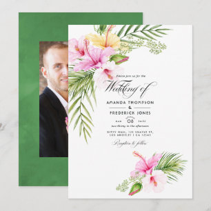 Watercolor Tropical Floral Wedding Photo Invitation