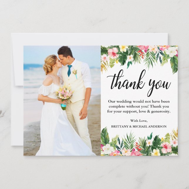 Watercolor Tropical Floral Wedding Photo Thank You Card (Front)