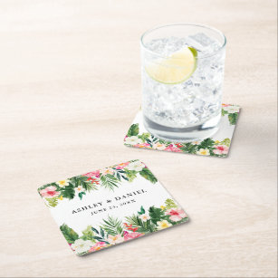 Watercolor Tropical Floral Wedding Square Paper Coaster