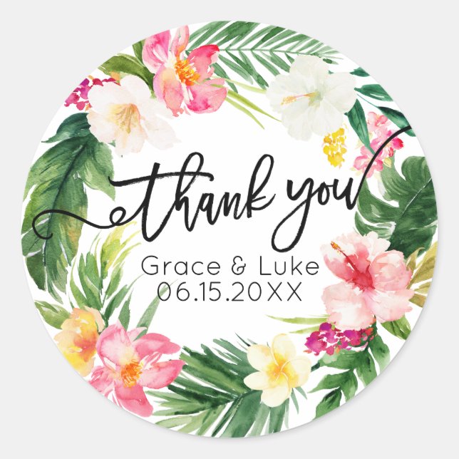 Watercolor Tropical Floral Wreath Classic Round Sticker (Front)