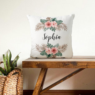 Watercolor Tropical Floral Wreath Custom Text Cushion