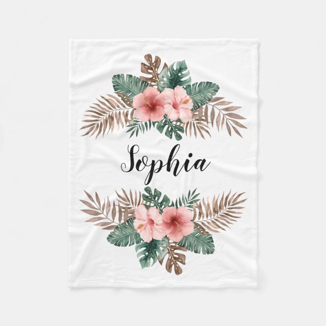 Watercolor Tropical Floral Wreath Custom Text  Fleece Blanket (Front)