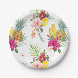 Watercolor Tropical Flowers and Fruits Pattern Paper Plate