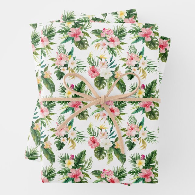Watercolor Tropical Flowers and Greenery Pattern Wrapping Paper Sheet (In situ)