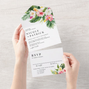Watercolor Tropical Flowers and Greenery Wedding All In One Invitation