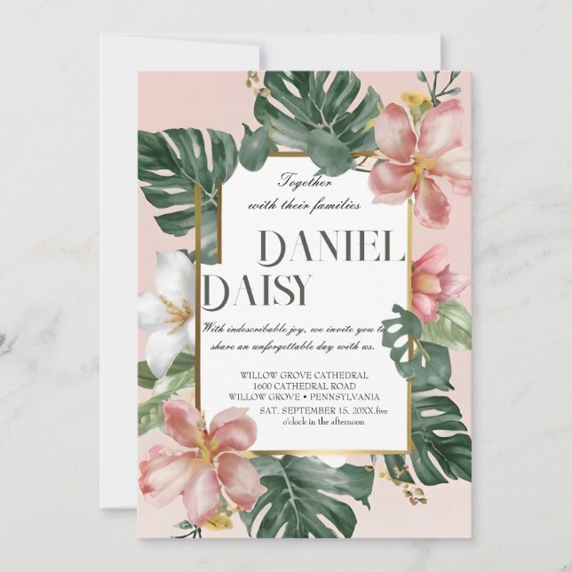 Watercolor Tropical Flowers and Greenery Wedding I Invitation (Front)