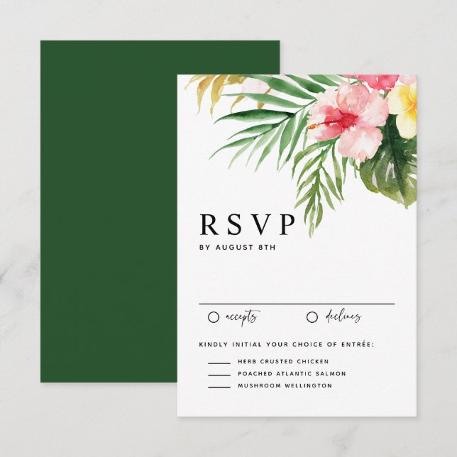 Watercolor Tropical Flowers and Greenery Wedding RSVP Card (Front/Back)