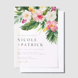 Watercolor Tropical Flowers and Greenery Wedding Vellum Invitations