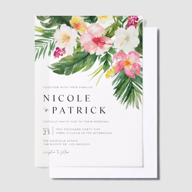 Watercolor Tropical Flowers and Greenery Wedding Vellum Invitations (Offset)