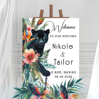 Watercolor Tropical Flowers And Jaguar Welcome Poster