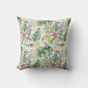 Watercolor Tropical Flowers and Leaves Cushion