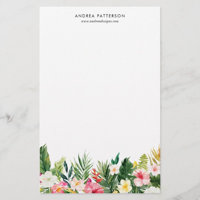 Watercolor Tropical Flowers and Leaves Stationery (Front)