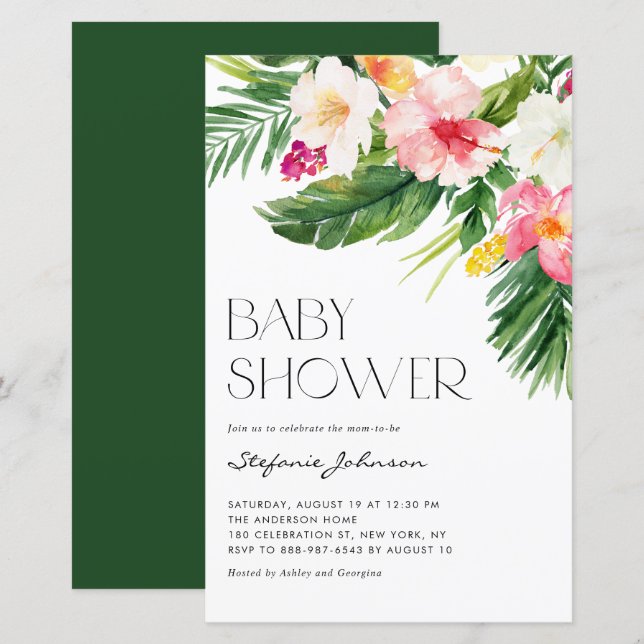 Watercolor Tropical Flowers Baby Shower Invitation (Front/Back)