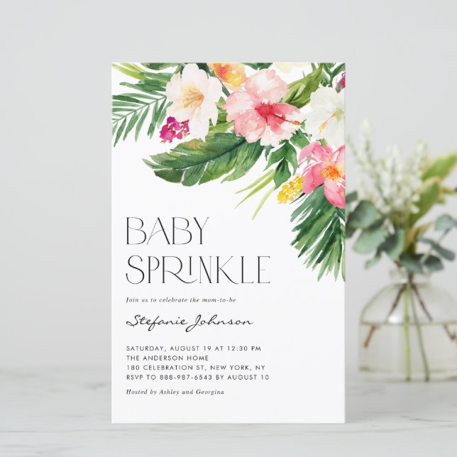 Watercolor Tropical Flowers Baby Sprinkle Invite (Standing Front)