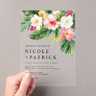 Watercolor Tropical Flowers Bouquet Summer Wedding Acrylic Invitations