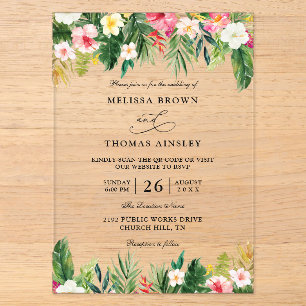 Watercolor Tropical Flowers Budget QR Code Wedding Acrylic Invitations