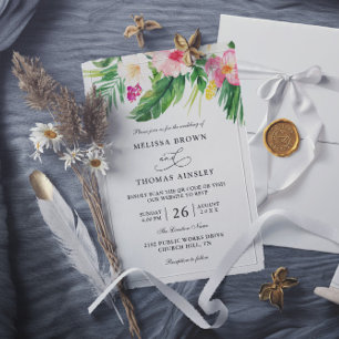 Watercolor Tropical Flowers Budget QR Code Wedding Invitation