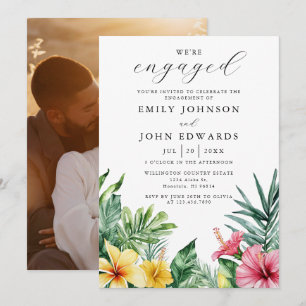 Watercolor Tropical Flowers Engagement Party Photo Invitation