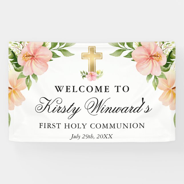 Watercolor Tropical Flowers First Holy Communion Banner (Horizontal)