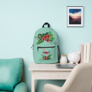 Watercolor Tropical Flowers Flamingo Personalised Printed Backpack