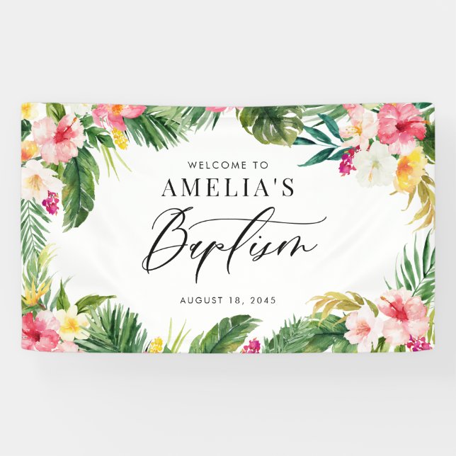 Watercolor Tropical Flowers Frame Baptism Banner (Horizontal)