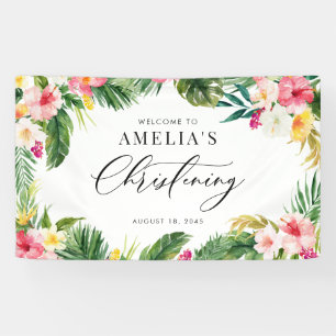 Watercolor Tropical Flowers Frame Christening Banner