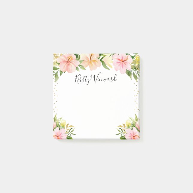 Watercolor Tropical Flowers Gold Confetti Post-it Notes (Front)