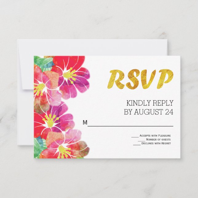 Watercolor tropical flowers gold leaf RSVP (Front)