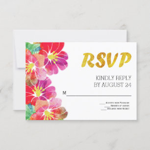 Watercolor tropical flowers gold leaf RSVP Card