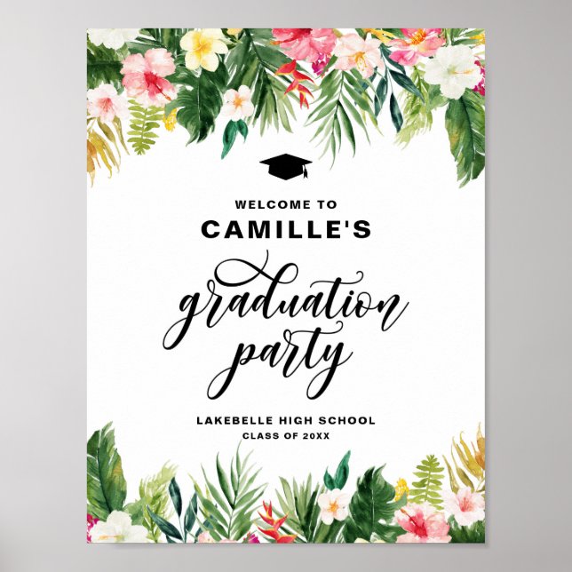 Watercolor Tropical Flowers Graduation Welcome Poster (Front)