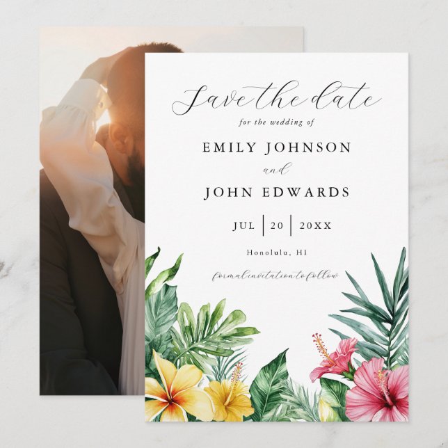 Watercolor Tropical Flowers Greenery Photo Wedding Save The Date (Front/Back)