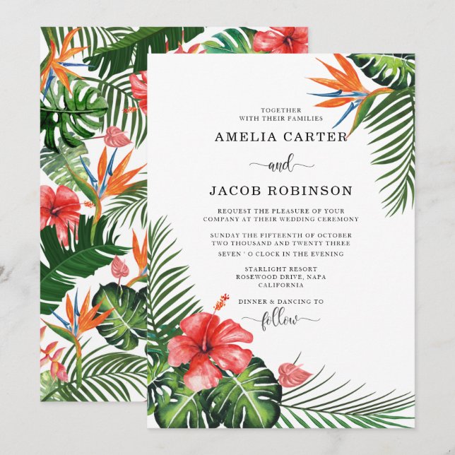 Watercolor Tropical Flowers Greenery Wedding Invitation (Front/Back)