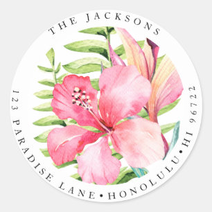 Watercolor Tropical Flowers Hibiscus Classic Round Sticker