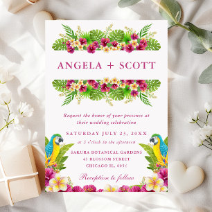 Watercolor Tropical Flowers & Parrots Wedding Invitation