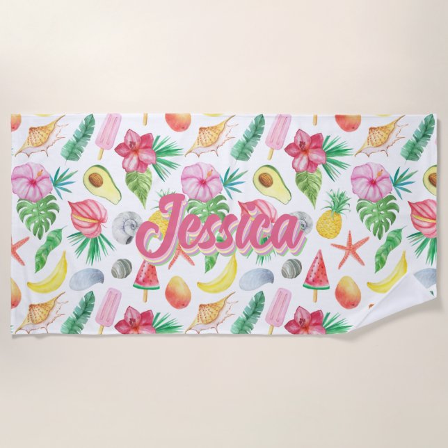 Watercolor Tropical Flowers Pattern Personalised Beach Towel (Front)