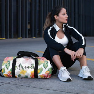 Watercolor Tropical Flowers Pattern Personalized Duffle Bag