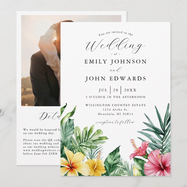 Watercolor Tropical Flowers Photo QR Code Wedding Invitation (Front/Back)