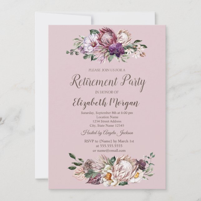 Watercolor Tropical Flowers,Pink Retirement  Invitation (Front)