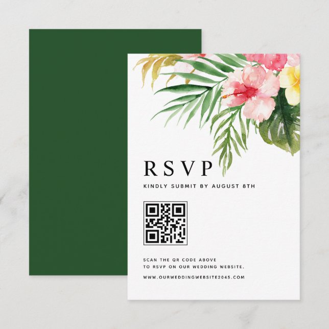 Watercolor Tropical Flowers QR Code Wedding RSVP Card (Front/Back)