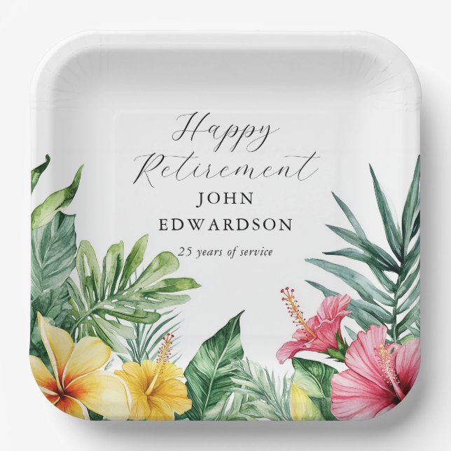 Watercolor Tropical Flowers Retirement Party Paper Plate (Front)
