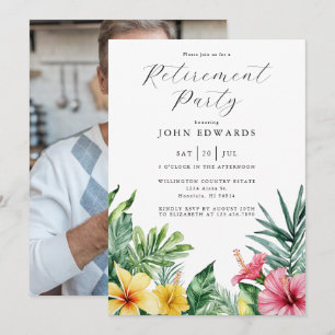 Watercolor Tropical Flowers Retirement Party Photo Invitation
