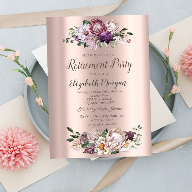 Watercolor Tropical Flowers, Rose Gold Retirement  Invitation (Creator Uploaded)