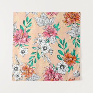 Watercolor tropical flowers, seamless, romantic pa tapestry
