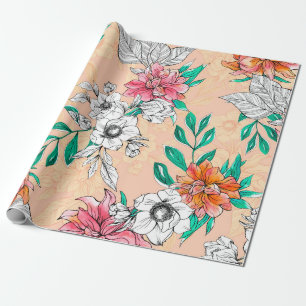 Watercolor tropical flowers, seamless, romantic pa wrapping paper