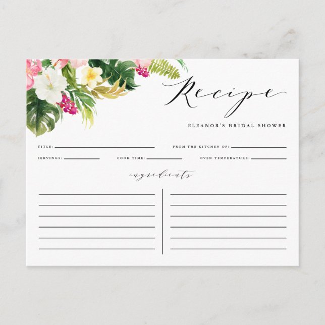 Watercolor Tropical Flowers Shower Recipe Card (Front)