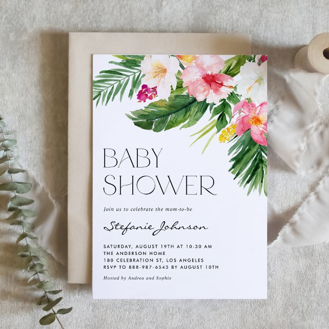 Watercolor Tropical Flowers Summer Baby Shower Invitation (Creator Uploaded)