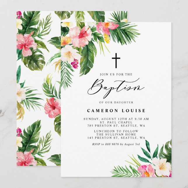 Watercolor Tropical Flowers Summer Baptism Invitation (Front/Back)